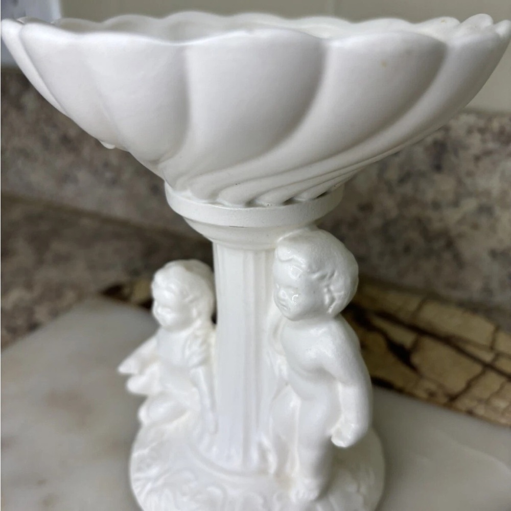 Charming White Ceramic Pedestal Bowl with Cherub Design - Picture 3 of 6